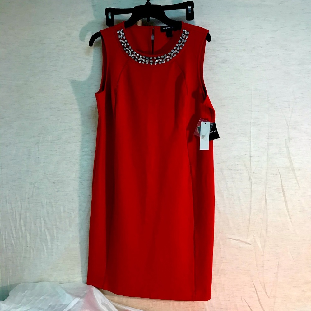Liz Claiborne Career red midi dress with jeweled neckline, size L.